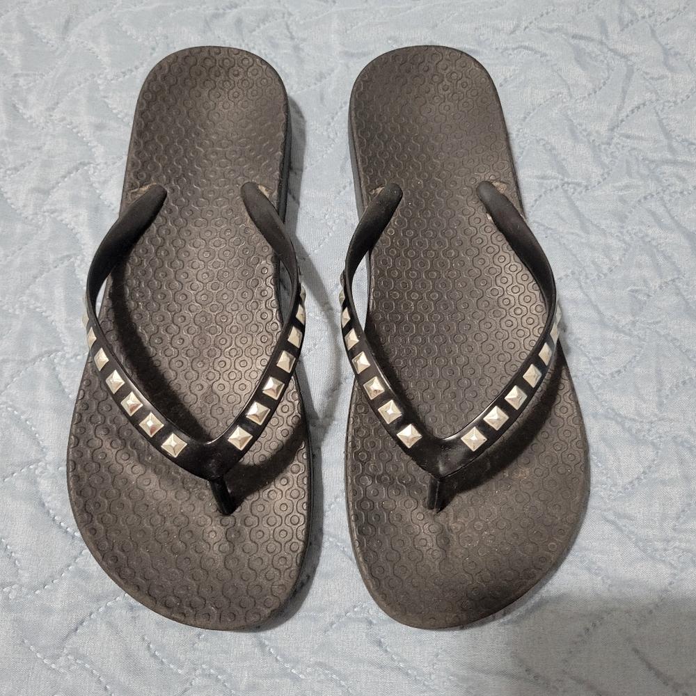 Black and Silver Studded Flip Flops